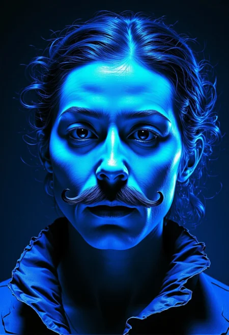 a beautifully crafted portrait illustration of salvador dali (((while salvador dali moustache is in blue light style))) (((moustache in blue light style))) , featuring intricate details, rich colors, and dynamic lighting that enhances depth and mood