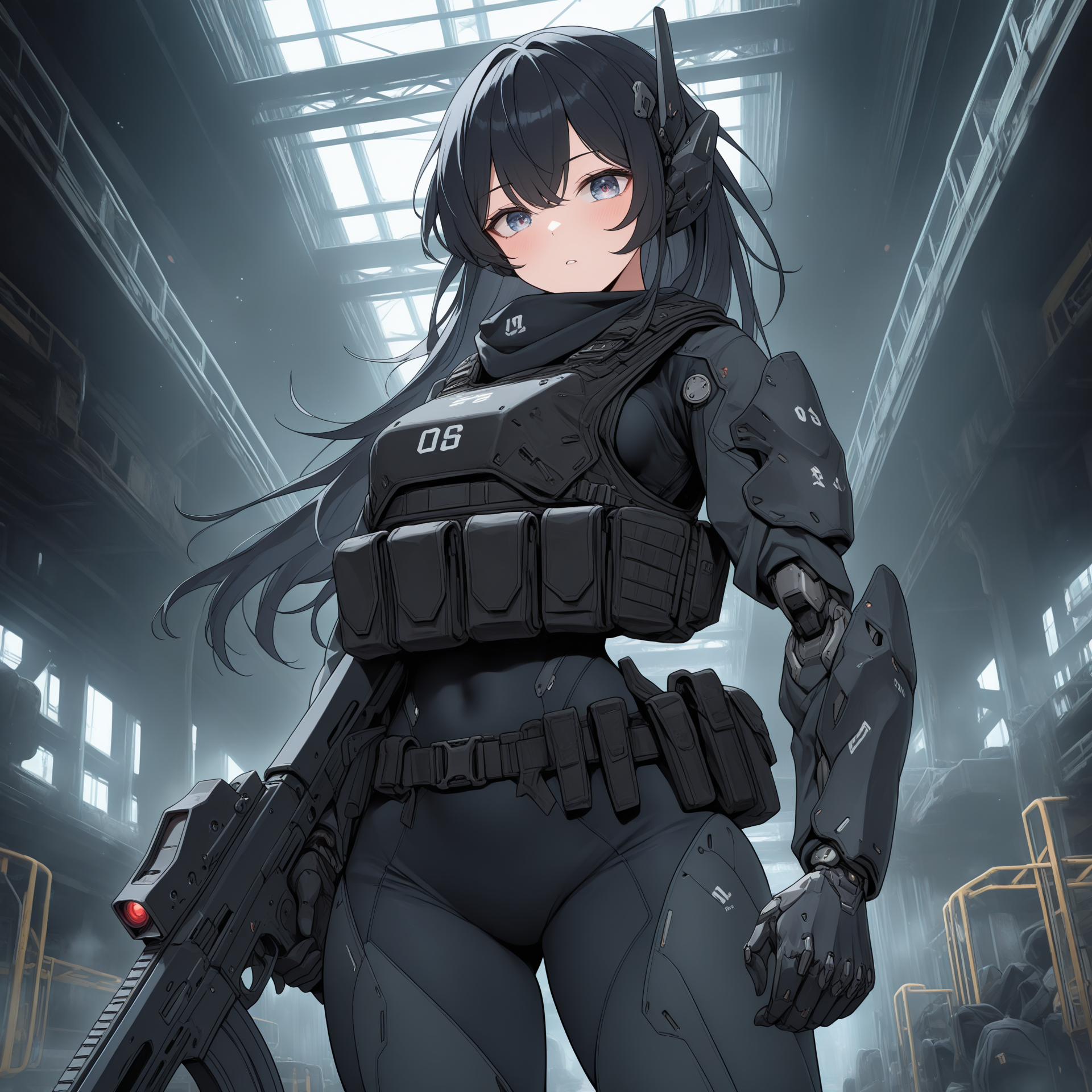 masterpiece, best quality, amazing quality, very aesthetic, high resolution, ultra-detailed, absurdres, newest, official wallpaper, 1girl, <lora:NijijourneyNoob_byKonan:1> mecha, robot, armor, bodysuit, mechanical arms, science fiction, no humans, <lora:TactFit [NOOBAI]:0.8> tactfit, black bulletproof vest, assault rifle, BREAK, foreshortening, extremely detailed clothes, detailed eyes, detailed skin, detailed hair, masterpiece, best quality, amazing quality, very aesthetic, high resolution, ultra-detailed, absurdres, newest, volumetric lighting, official wallpaper