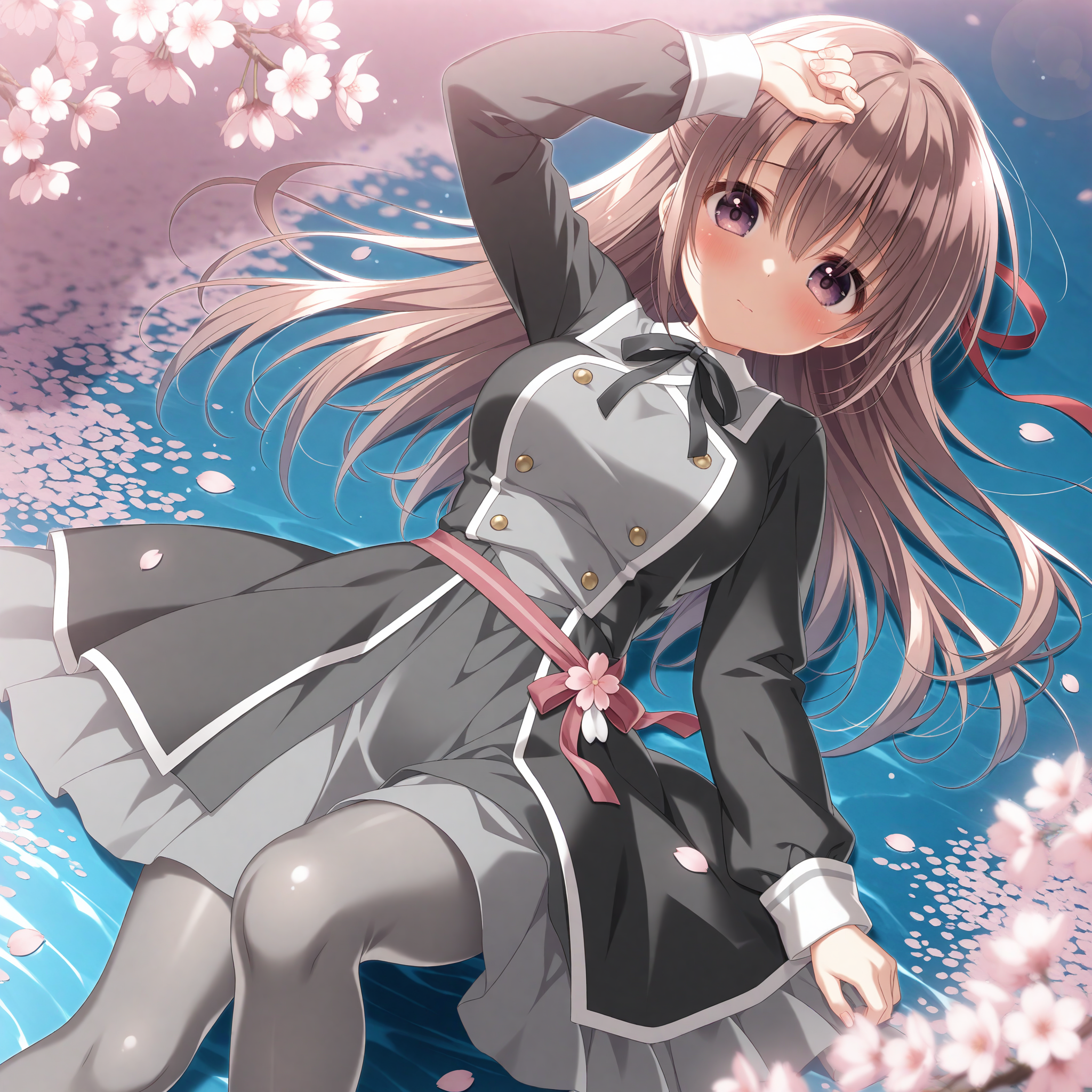 <lora:Minori_art_1_nai_Loha-000078:1.5>,Minori art,
<lora:Misakura_Rin_Toki_2_nai:0.6>,Misakura Rin,hair ribbon,red ribbon,
long sleeves,black ribbon,black sleeves,neck ribbon,grey shirt,collared shirt,black dress,layered dress,grey skirt,white trim,waist ribbon,dress flower,grey pantyhose,
1girl,solo,lying,on back,front view,looking at viewer,arm above head,arm at side,knee up,blush,shy,simple background,on liquid,depth of field,lens_flare,petals,falling petals,petals on liquid,cherry blossoms,dutch angle,