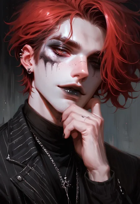 score_9, score_8_up, score_7_up, score_6_up, 1boy, male focus, dark red hair, goth, Japanese, gothic makeup, dgns, solo, black lips, piercings