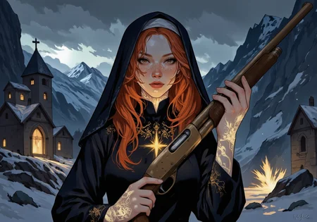 detailed digital illustration of a young woman holding a Model870, a radiant portrait of a young nun with lightly bronzed skin and long, wavy auburn hair cascading beneath a frayed black veil, her piercing amber eyes locking onto the viewer with serene confidence; she wears a scorched black habit with faint golden embroidery around the neckline, her hands gripping a pump-action shotgun with polished brass details and faint celestial etchings along the barrel, the weapon resting at her side; she stands amidst the ruins of a mountain monastery, where glowing icicles hang from jagged cliffs and soft rays of sunlight pierce through the storm clouds, creating an atmosphere of resilience and divine strength, she has luminescent golden bio ink designs on her exposed skin on her hands and neck, detailed background at night, (Colored JJK Manga Style:0.5), (Mangaka style:0.5), (bio ink:0.75)<lora:Jujutsu_Kasien_Colored_Manga-000001.safetensors:0.5:0.5> <lora:Model870-18.safetensors:1:1> <lora:Mangaka V2.safetensors:0.5:0.5> <lora:BioInk2FLUX.safetensors:0.75:0.75>