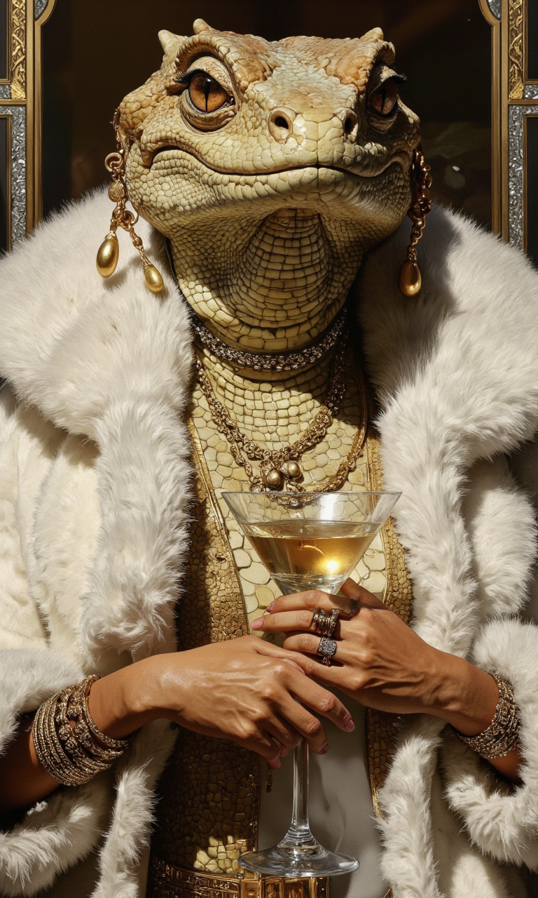 ZooPolis art. A photo-realistic shoot from a frontal camera angle about a reptilian figure dressed in luxurious attire, holding a glass of white wine, dressed in a white fur coat adorned with gold jewelry and accessories. the image also shows a close-up of the reptilian reptile's head and neck, positioned in the middle of the image. on the center of the frame, the reptile appears to be a humanoid reptile, with a slim, reptilian body and large, expressive brown eyes. it is wearing a luxurious gold necklace, earrings, and bracelets, and is holding a martini glass in its right hand, with its left hand resting on the fur coat. the background is blurred, with gold and silver accents, giving the image a luxurious and sophisticated feel.