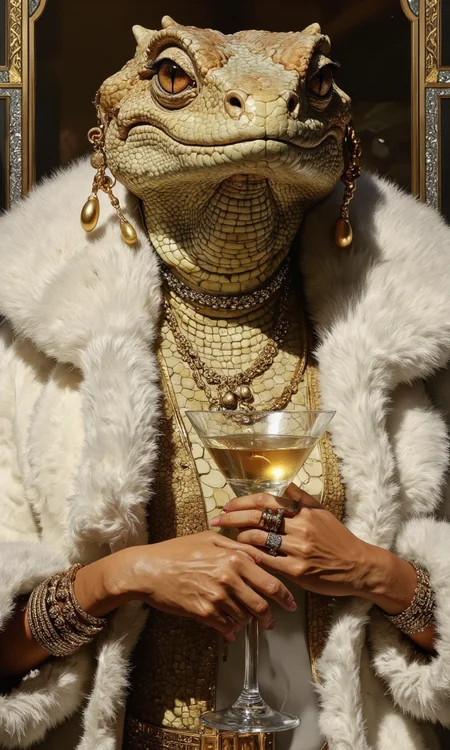 ZooPolis art. A photo-realistic shoot from a frontal camera angle about a reptilian figure dressed in luxurious attire, holding a glass of white wine, dressed in a white fur coat adorned with gold jewelry and accessories. the image also shows a close-up of the reptilian reptile's head and neck, positioned in the middle of the image. on the center of the frame, the reptile appears to be a humanoid reptile, with a slim, reptilian body and large, expressive brown eyes. it is wearing a luxurious gold necklace, earrings, and bracelets, and is holding a martini glass in its right hand, with its left hand resting on the fur coat. the background is blurred, with gold and silver accents, giving the image a luxurious and sophisticated feel.