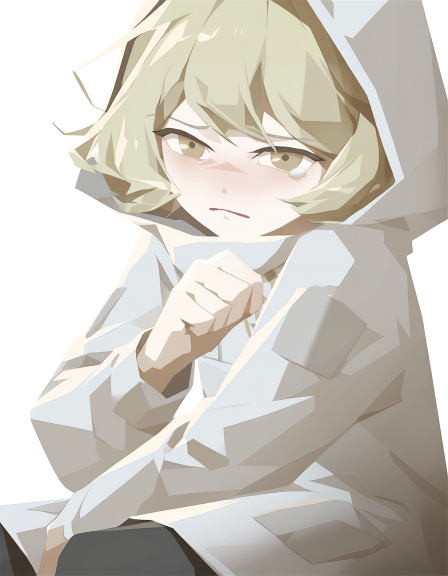 white background,simple background,sad,blush,sitting,punching,
lamiya,1girl,solo,short hair,blonde hair,looking at viewer,brown eyes,black_pantyhose,hood,coat,<lora:lamiya_noob>,front view,
masterpiece,best quality,very aesthetic,absurdres,