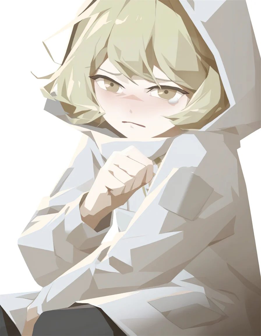 white background,simple background,sad,blush,sitting,punching,
lamiya,1girl,solo,short hair,blonde hair,looking at viewer,brown eyes,black_pantyhose,hood,coat,<lora:lamiya_noob>,front view,
masterpiece,best quality,very aesthetic,absurdres,