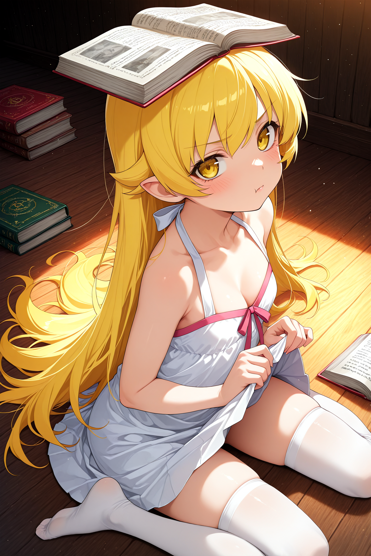 1girl, shinobu oshino, blonde hair, vampire, white thighhighs, sitting on ground, wooden floor, from above, from side, bare shoulders, cleavage, blush, looking up, pouting, frown, hair spread out, skirt lifted, thighs visible, books scattered around, open book on head
BREAK
wooden floor, soft lighting, warm colors, light particles, dust particles, shallow depth of field, high angle, masterpiece, best quality, absurdres