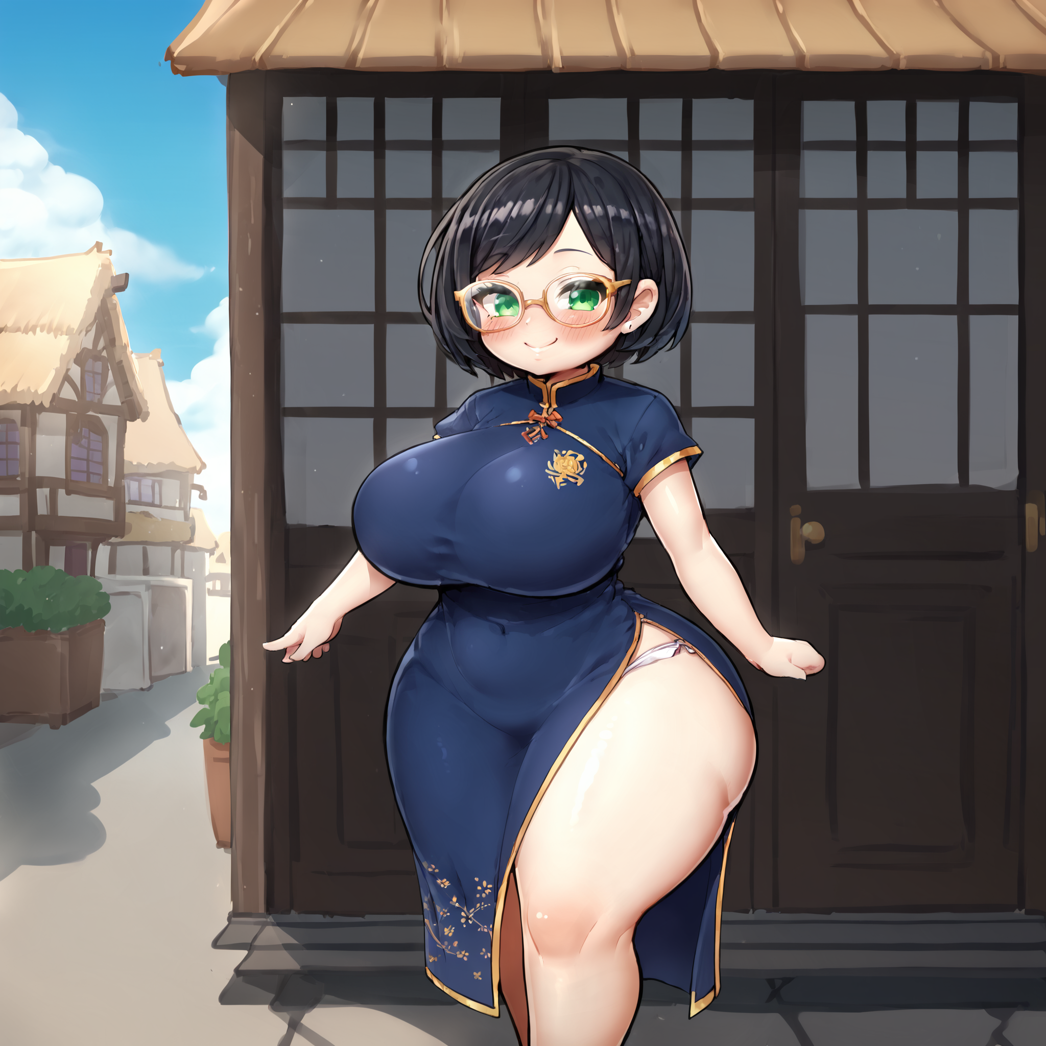 (masterpiece), best quality, (highly detailed), score_9, score_8_up, score_7_up, score_6_up, score_5_up, 1female, solo, <lora:Ichika_style:0.8>, village, dark purple chinese dress, black hair, swept bangs, short hair, green eyes, glasses, shortstack, huge breasts, thick thighs, wide hips, gigantic ass, blushing, smile,