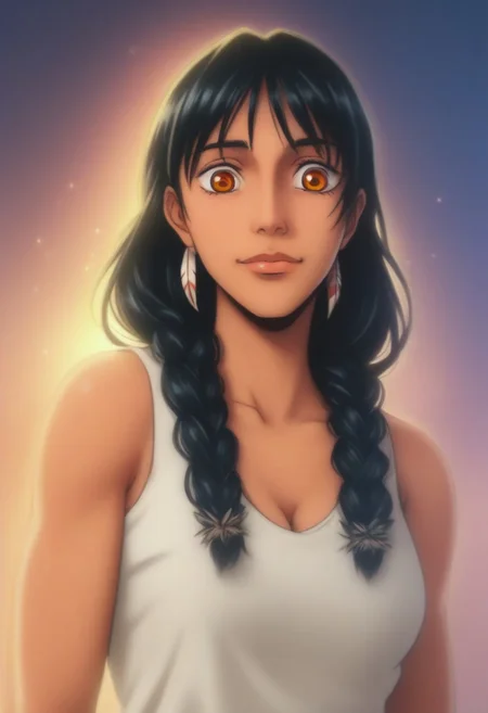 score_9, score_8_up, score_7_up, source_anime, intricate details, anime screencap, perfect balance, official art, extremely detailed CG unity 8k wallpaper, perfect lighting, Colorful, Warm_Front_face_Lighting, (masterpiece:1.0),(best_quality:1.0), ultra high res,4K,ultra-detailed, photography, 8K, HDR, highres, absurdres:1.2, Kodak portra 400, blurry background, bokeh, lens flare, (Anime) (vibrant_color:1.2), professional photograph, night, (cute_face:1.2), 2d, anime, upper body, intricate iris, American, Professional character design, 1girl, female focus, (Orange eyes), perfect eyes, (black-hair), Native American, Indigenous, American Indian, youthful, solo, jujutsu_kaisen_style, character portrait, (perfect-lighting), face, young, (Dark-black-hair), Long hair, (Native American), Indigenous, American Indian, (((wild eyes))), (Native North American), (Upturned eyes), (high cheekbones), (strong jawline), (Black Hair), ((((Native-American-Eagle-feather-braids, Native American Eagle feather accessories)))), (((wild eyes))) ((Bobbed Bangs)) (((Slanted-Eyes))) (Psycho) (Happy) (Inuit Clothing), (Sleeveless Parka) (Warpaint), (Redwood Forest, Pacific Northwest Forests), (Inuit), (Tan skin), (Dark Skin), (Brown skin), (bobbed hair), White Eagle-Feather-Earrings, Thick Bangs, Bobbed hair, Bob-cut, White-Feather-Earrings, Brown-skin, Inuit Face-paint, Full-Bangs, Wide-Bangs, Thick-Hair, Native Face-paint, cleavage, Psycho, Yandere, big irises, Big eyes, (Sleeveless Inuit Parka, Fur)