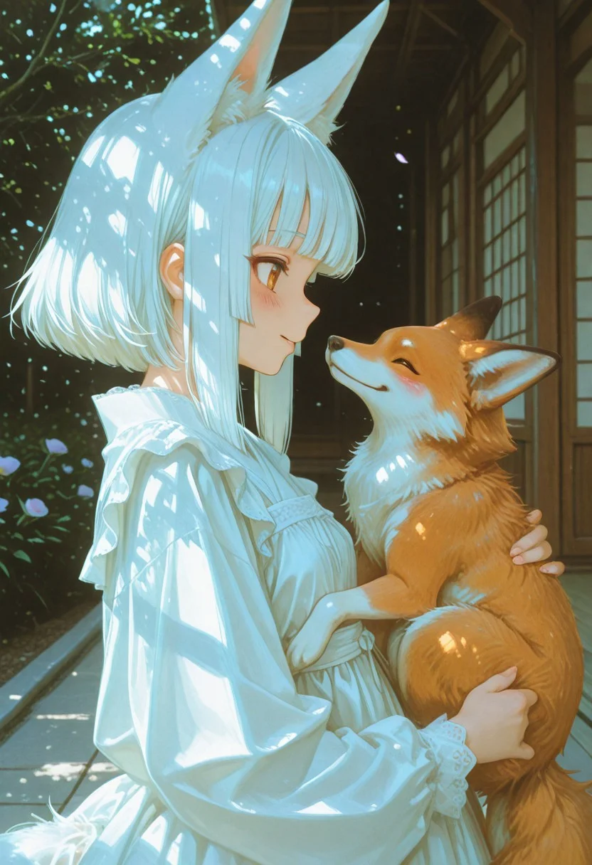 masterpiece, best quality, (anime coloring:1.2), dynamic lighting, volumetric lighting, ambient light, soft light,
colorful, (nihonga:1.2), holding fox, white fox, fluffy fox tail, happy, excited, portrait, profile, side view, negative_space, mixed_media, abstract, 1girl, hime cut, white hair, short hair, fox ears, long sidelocks, blush, hair_flower, frilly dress, dog ears, outdoors, japanese garden,
high detail, sharp shading, centered composition, soft shadows