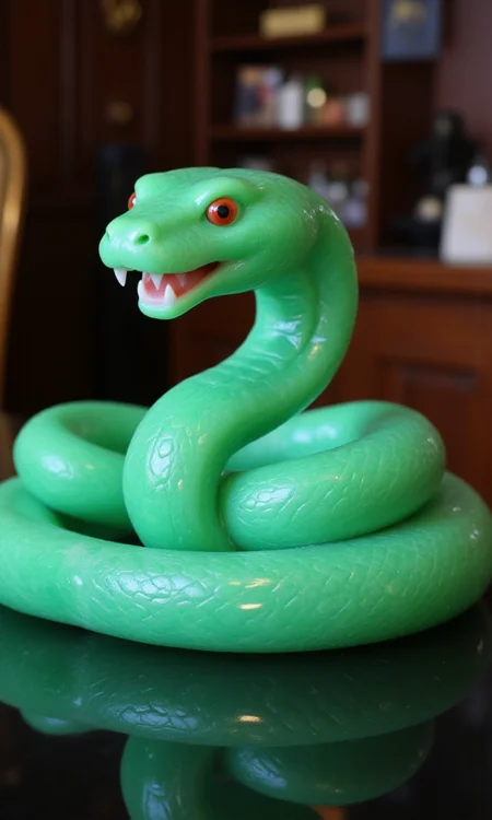 jade_snake, shebaaobao, neouv, cartoon snake made out of glowing illuminated iridescent jade ready to bite somebody on the counter of a pawn shop in New York City <lora:jadesnakeflux-000001.safetensors:1.0> <lora:shebaobao_flux_snake_Cartoon_v2.safetensors:0.3> <lora:neouv_flux_03.safetensors:1.0>