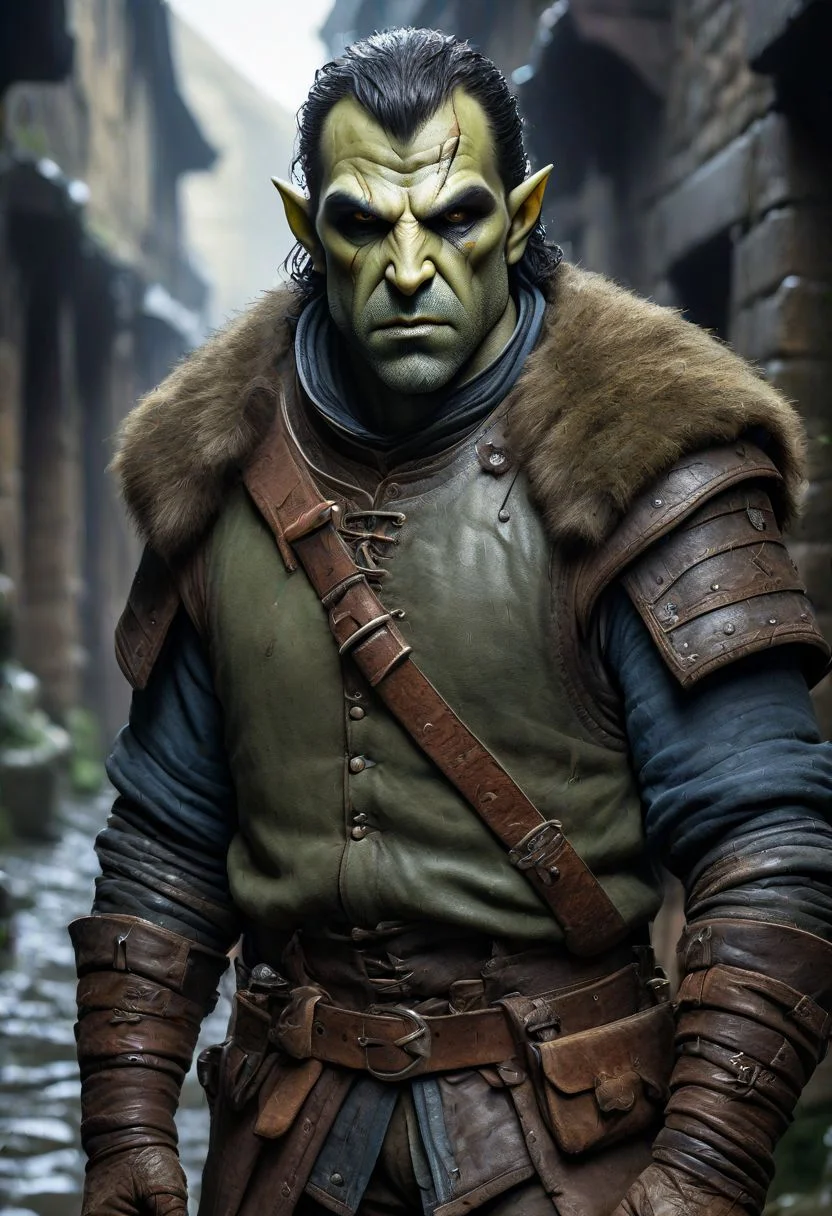 Half-orc, Fantasy, Character, Rogue,  brute orc handling shortsword and sheathed daggers, beard, tusks, D&D ultra quality, 4k,(masterpiece, best quality, 8k, ultra highres, highres:1.4), extremely detailed, orc man, oil painting, traditional media, realistic, score_9, score_8_up, score_7_up, solo, male focus, young male, orc, olive green skin, curly short hair, hateful facial expression, dark medieval alley, cloth and leather padded pants, linen tunic covered by leather armor (dark blue), leather gloves, looking at viewer, ferocious mouth, night, night sky, standing