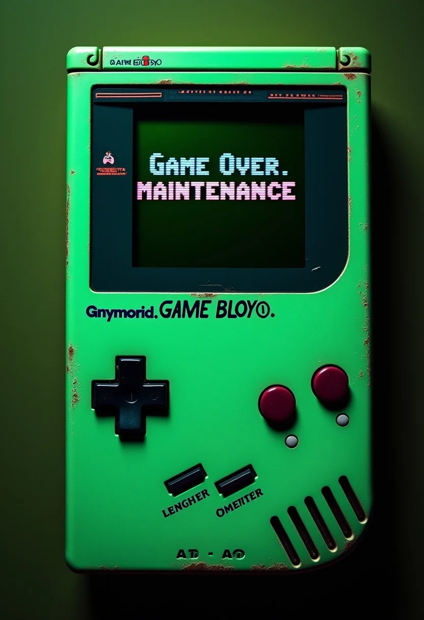 A gameboy with a glitched 8-bit green and black screen. The game boy looks old with a few small cracks, screen has a game font "Game Over. Maintenance" screen in the middle with a few 8-bit glitchy graphics surrounding it.