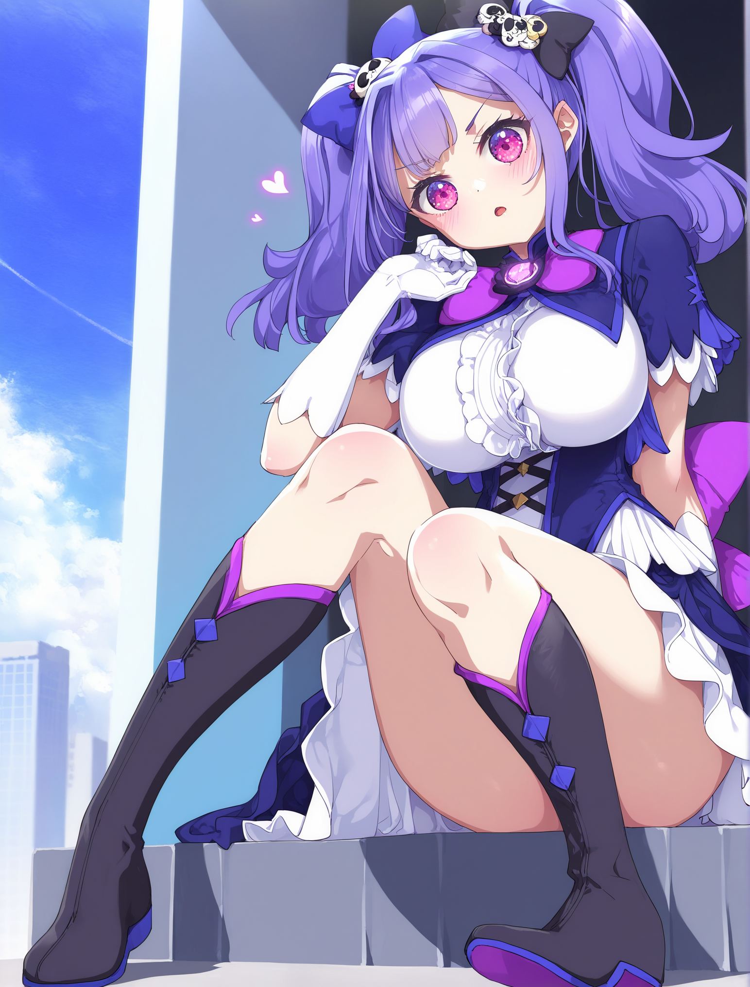 1girl,Lanmei haoxiongdi,<lora:lanmeinoob-000014:1>,
character focus,artist:konya_karasue,artist:hoji(hooooooooji1029),michiking,artist:ningen_mame,[[mignon]],[artist:kani_biimu],artist:ogipote,artist:sy4,noyu_(noyu23386566),twintails,purple hair,pink eyes,solo,perfect face,bedutiful eyes,magical girl,bow,gloves,white gloves,boots,purple bow,dress,skull hair ornament,looking at viewer,hair ornament,large breasts,black bow,black footwear,hair bow,heart,dress,sitting,
day,looking at viewer,open mouth,outdoors,sky,city,
newest,masterpiece,best quality,highres,absurdres,