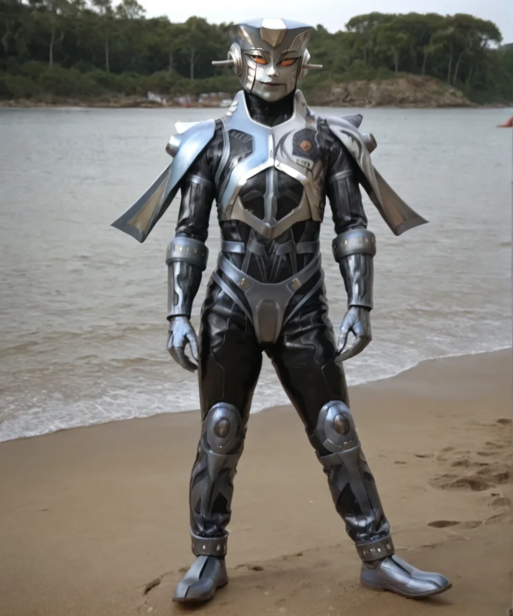 <lora:Algolian_Whinsky V3:0.9> evilywhinsky, female, no humans, armor, solo, robot, mecha, helmet, rubber bodysuit, orange eyes, large breasts, midweight, full body, realistic, photorealistic, score_9, score_8_up, score_7_up, (SUBJECT), high contrast, film grain, Rim Lighting, masterpiece, best quality, high quality, realistic anatomy, 4k, highres, 8k, BREAK, detailed skin, detailed face, centered, hyperdetailed, extremely detailed, Ultra-realistic, ultra quality, 8K UHD, photorealism, hyperrealism, attention to details, zPDXL3, looking at viewer, standing, standing on ground, outdoors, beach, water