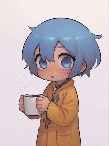 score_9, score_8_up, score_7_up, score_anime, uncensored, BREAK white background, <lora:Luce_PDXLv0-000007:0.8> 1girl, luce, cross necklace, yellow raincoat, blue hair, <lora:ArekishiAlexi_style_Huge_Breasts_and_Shortstacks-000010:1> arekishistyle, shortstack, holding coffee mug, steam, open mouth,