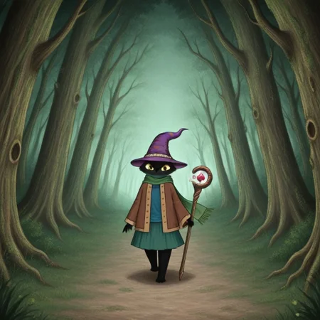 1girl,black fur,yellow eyes,purple pointed hat,brown jacket,green scarf,blue shirt and skirt,Numinosa
numinous walking in the forest with a magic staff