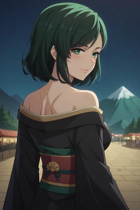 score_9, score_8_up, score_7_up, source_anime, 1girl, prefect lighting, very aesthetic, intricate details, highly detailed background, masterpiece, high quality, prefect hands, best quality, solo,
<lora:Lily_Nier_V1:.85>, KJOlily, green hair, green eyes, medium hair, swept bangs,
black kimono, obi, off shoulder,
from behind, looking back, seductive smile, blush,
festival, mountain, night sky,
(Beautiful, medium Breasts:1.2), natural breasts,
