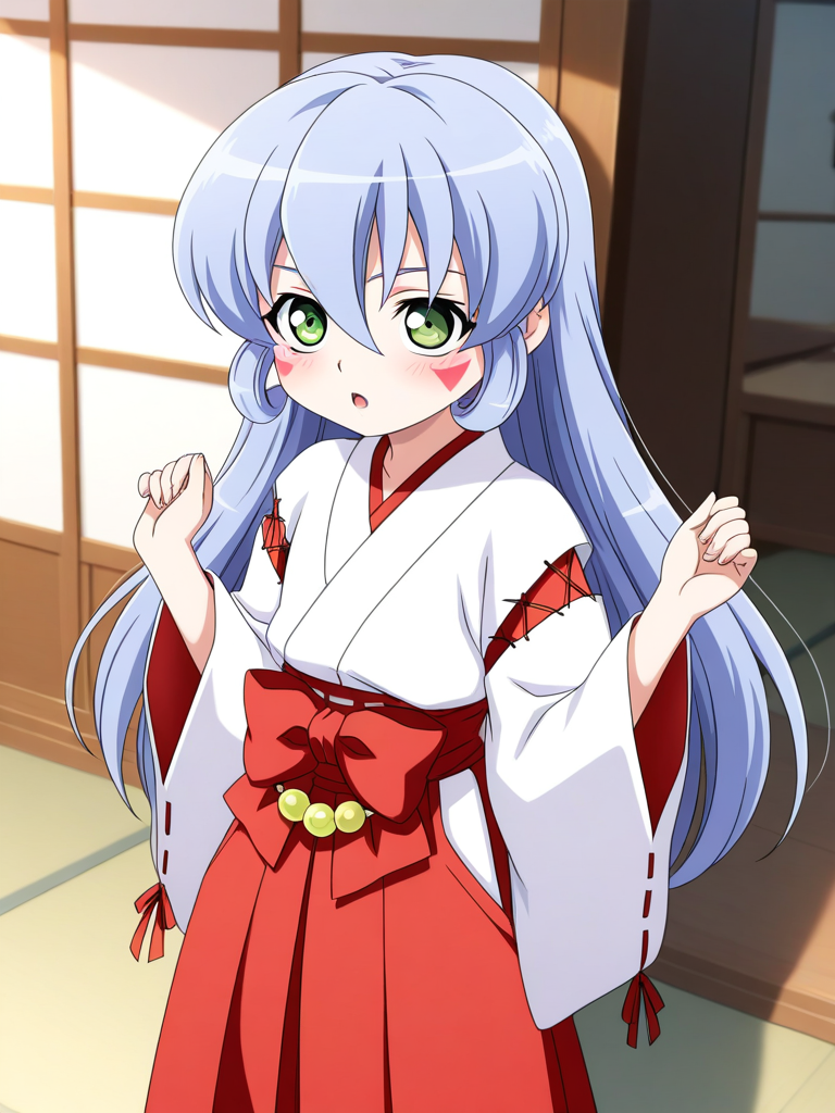general,highres, ultra-detailed,very aesthetic,best quality ,best hands, BREAK <lora:Nazuna_Onmyou_Taisenki_Ver2.0_IS:0.8>Nazuna, long hair,
1girl, solo, japanese clothes, miko, green eyes, red hakama, long hair, skirt, open mouth, hakama, blue hair, blush, hakama skirt, long sleeves, facial mark,
red triangle facial mark, hair between eyes,white kimono,cross-laced sleeves,long sleeves, wide sleeves, red hakama pants, red layered waist bow, yellow waist beads,