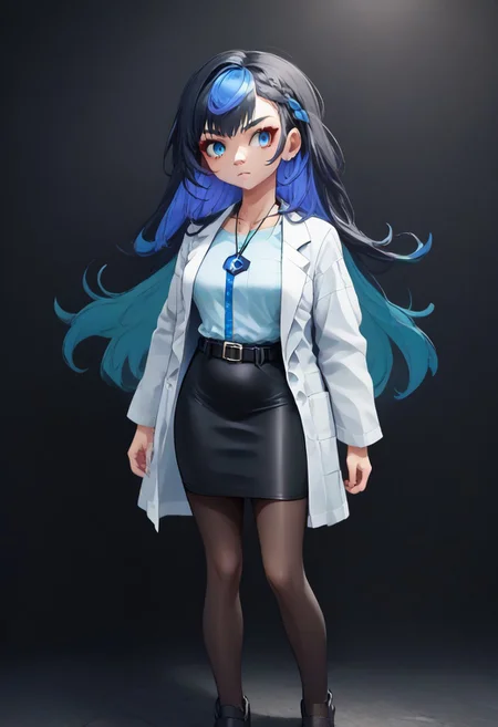 solo, score_9, score_8_up, full body, digital art, highly detailed, lv1rubili, civitai-chan, braided bangs, labcoat, shirt, shirt tucked in, single vertical stripe, black skirt, pencil skirt, pantyhose, necklace, belt, multicolored hair, black hair, blue hair, blue eyes, female focus, human, renpychargen