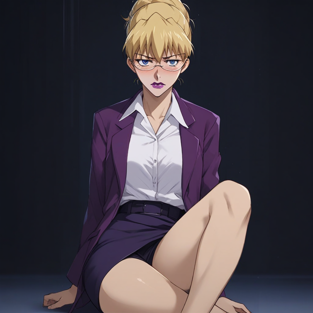 score_9, score_8_up, score_7_up, source_anime, expressive, anime, Artist speedlines, dynamic, D4RK3RTH4NBL4CK, BR1T4, 1woman, (brita_(darker_than_black):1.2), blonde_hair, blue eyes, purple_lips, glasses, business_attire, serious_expression, anime_girl, purple_jacket, white_shirt, tied_hair, female, looking at viewer, facing viewer, bare_legs, high_heels, blush, blushing, embarrassed, dark background, Artist style:komori_takahiro