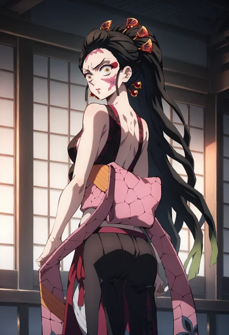 score_9, score_8_up, score_7_up, score_6_up, score_5_up, score_4_up,source_anime, indoors in a palace, looking back, embarassed expression<lora:Smooth Anime Style LoRA XL:1> dak1d3m0n, 1girl, yellow eyes, blackformstyle,long hair, black hair,hair ornaments,bare shoulders,jewelry,earrings, <lora:Dak1d3m0nXL_Pony_v1:1>