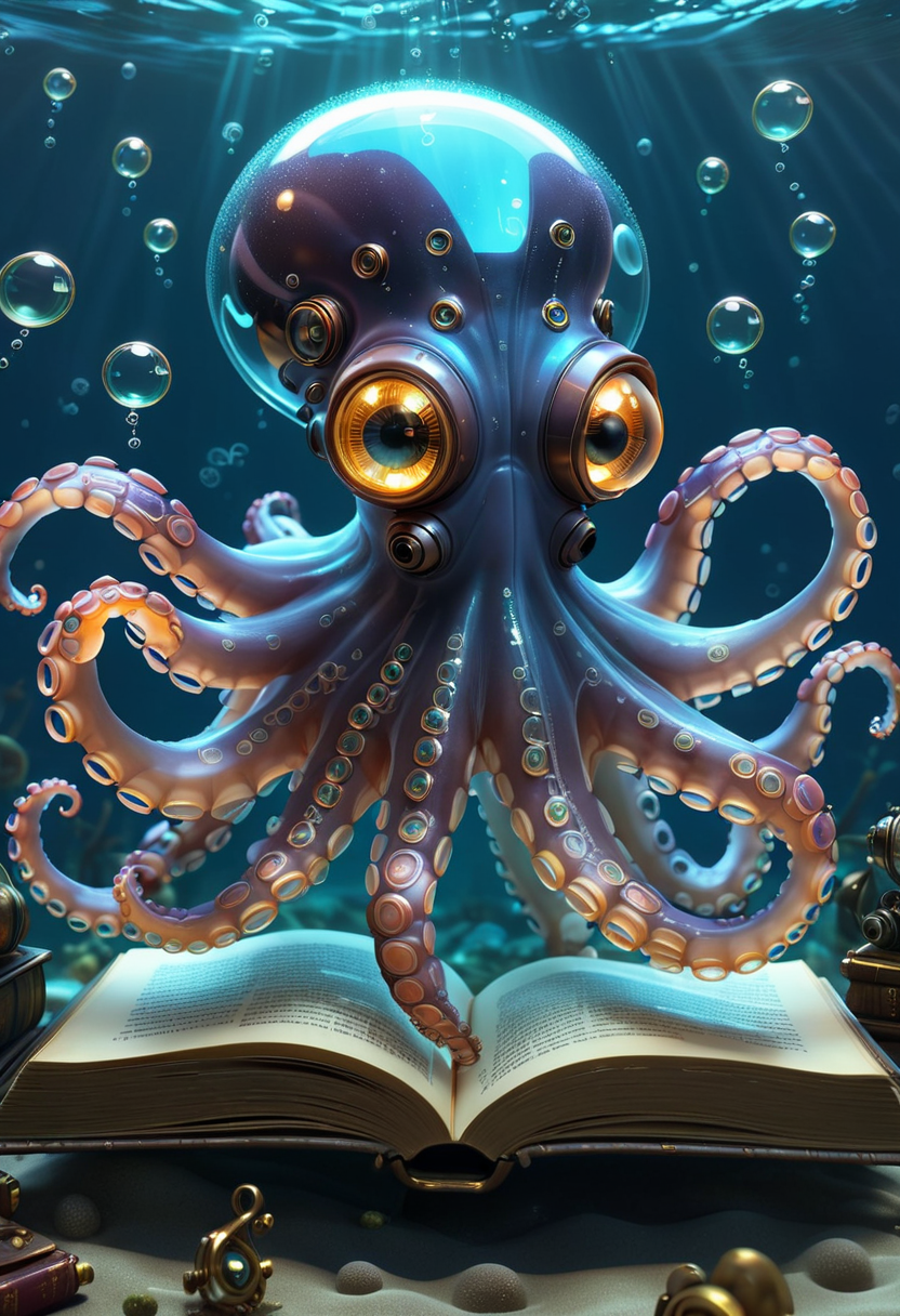 pixar style of a transparent mecha ((octopus)), steampunk, cute, ((( luminous))), in the ocean, reading a magic book , bubbles, happy, high detailed, photorealistic, 8k