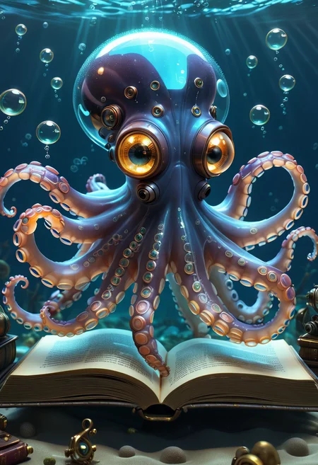 pixar style of a transparent mecha ((octopus)), steampunk, cute, ((( luminous))), in the ocean, reading a magic book , bubbles, happy, high detailed, photorealistic, 8k