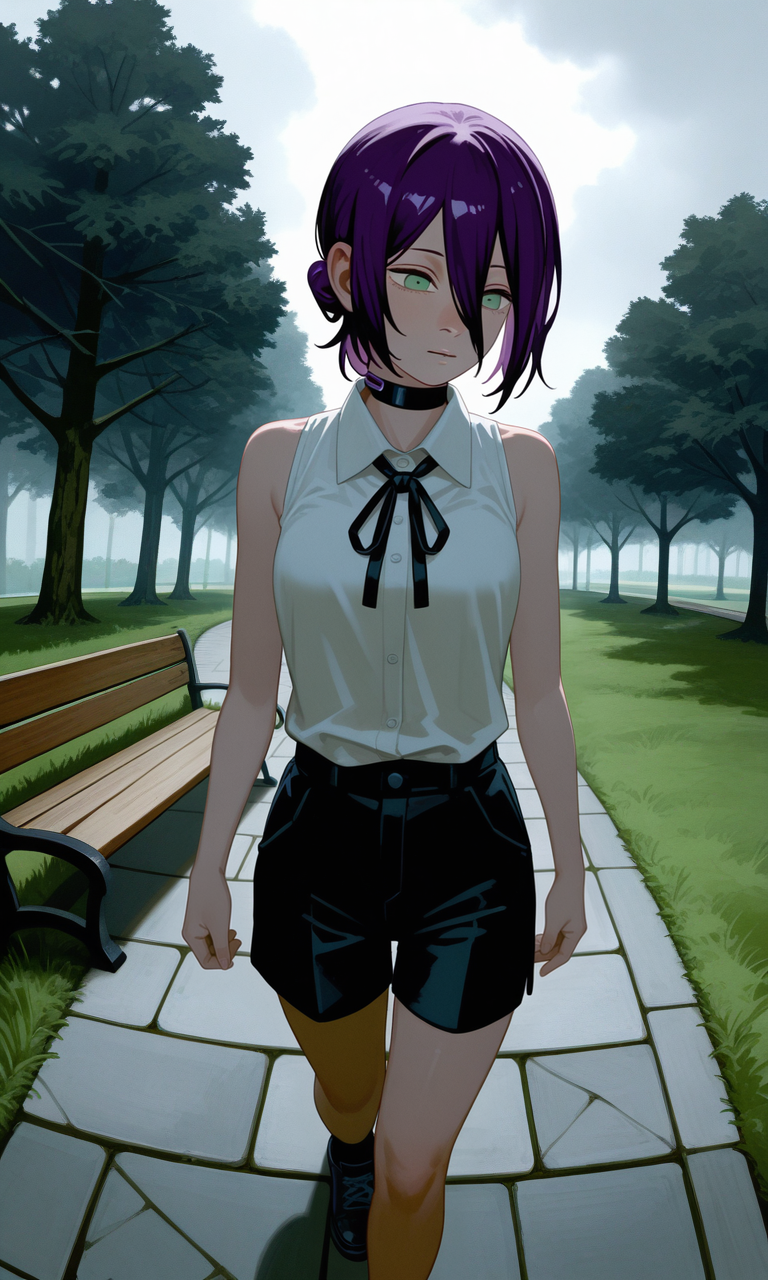 embedding:IllusP0s, sa1t, painterly, reze_\(chainsaw_man\), purple hair, green eyes, choker, sleeveless, white shirt, black ribbon, black shorts, contrast lighting, walking, outdoors, overcast, fisheye, foreshortening, park, trees, grass, pavement, bench,<lora:sait.safetensors:1.3:1.3>