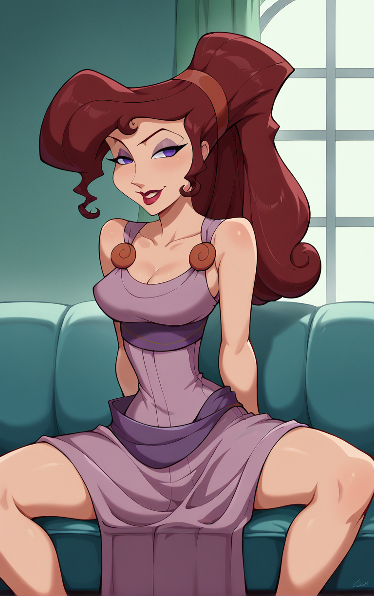 score_9, score_8_up, score_7_up, BREAK
ShawlMainOutfit_Megara_ownwaifu, 
1girl, big hair, breasts, curly hair, eyelashes, hair bun, high ponytail, long hair, makeup, narrow waist, purple eyes, purple eyeshadow, red hair, red hairband, red lips, lipstick, medium breasts, dark skin, dark-skinned female, hair over one eye, collarbone, 
purple shawl, see-through, purple dress, sleeveless dress, cleavage, clothes around waist, sleeveless, bare shoulders, long dress, 
(sitting, spread legs), arms behind back, couch, window shade, indoors, <lora:PONYXL_Hercules_Megara_ownwaifu:0.9> , depth of field, solo,