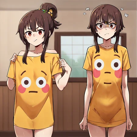 score_9, score_8_up, score_7_up, score_6_up, score_5_up, score_4_up, BREAK, flushed_emoji_shirt, 1girl, multiple views, indoors, tight shirt, megumin \(konosuba\), thighs, flat chest, ((devastated expression)) <lora:flushed_shirt_meme_civit:0.9>, anime screenshot, ((anime artstyle))