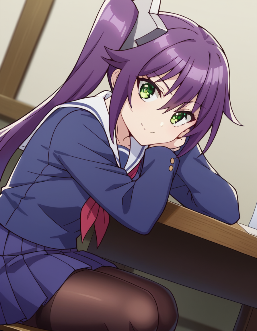 score_9, score_8_up, score_7_up, source_anime, <lora:sagiri-ameno-s1-ponyxl-lora-nochekaiser:1>, sagiri ameno, long hair, hair between eyes, very long hair, green eyes, purple hair, side ponytail,, skirt, long sleeves, school uniform, pantyhose, pleated skirt, serafuku, blue skirt, neckerchief, black pantyhose, red neckerchief, thighband pantyhose, blue serafuku,, indoors, smile, looking at viewer, solo, sitting, head rest, table,, cowboy shot, dutch angle