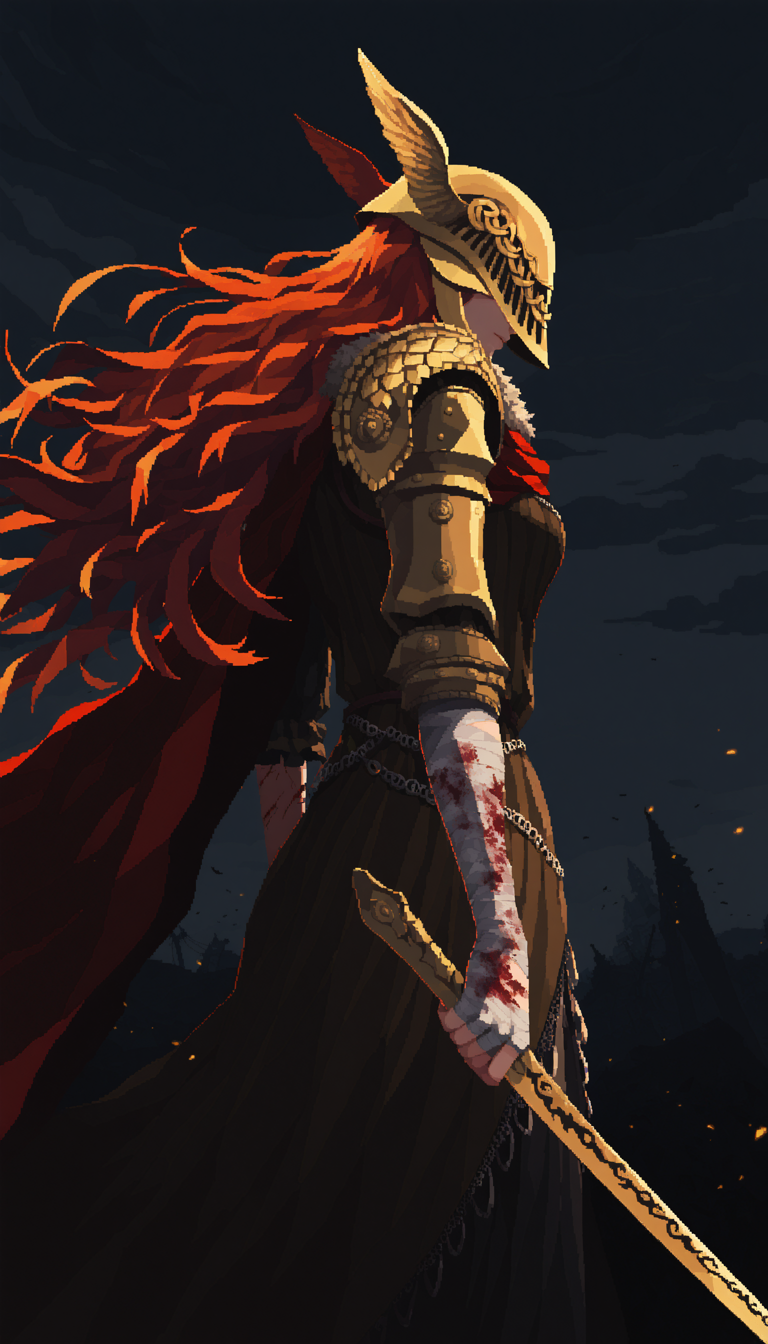 pixel art,
1girl, elden ring, malenia blade of miquella, red hair, visor \(armor\), shoulder armor, solo, bandaged arm, blood on arm, blood on bandages, extremely long hair, bandaged hand, cuts, dark clouds, dark, from side, drawing sword, foreshortening,
masterpiece, best quality, very awa, absurdres
<lora:noobai_epred_11_pixel_art_v1:1>