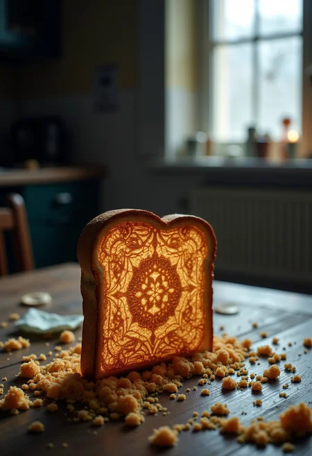 On an abandoned dining table, in a kitchen marked by chaos, a single toast stands upright, like a sacred guardian. The crumbs around it form strange patterns, almost like ancient runes. A faint light streams through the broken window, casting the toast in an almost divine glow. In the silent distance, the crackle of a broken toaster echoes, as if something powerful is about to awaken.