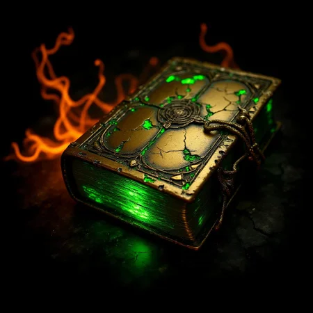 A fine art photograph of an elaborate industrial art Halloween witchs spell book made of brushed brass with many tiny green cracks. The piece has obviously been made by a skilled craftsman, with finely detailed textures and surfaces. It is obviously old, with worn parts and a patina of grime.  A phosphorescent glow emanates from it, illuminating the surrounding area. Wisps of glowing orange fog roil in the background. The overall feel of the image is Magical Realism. <lora:BlackColor:0.6> <lora:Magical_Glow_Flux:0.6> <lora:Green_Cracks_on_Black_Flux:0.6>