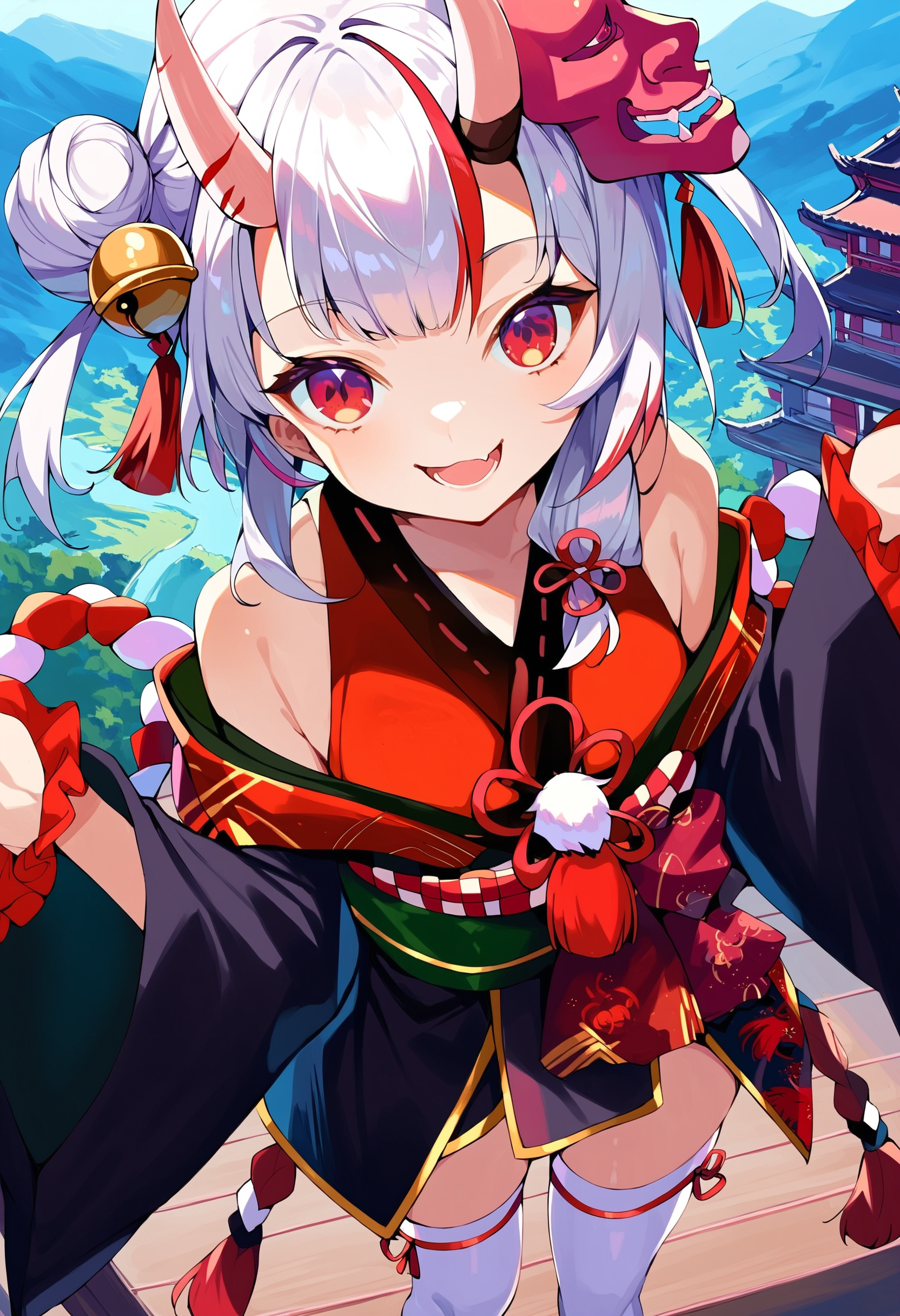 score_9, score_8_up, score_7_up, score_6_up, source anime,
nakiri ayame, nakiri ayame base, 1girl, skin-covered horns, thighhighs, oni mask on head, hair bell, kimono, oni, hair bun, solo, looking at viewer, double bun, fang, open mouth, white thighhighs, hair ornament, off shoulder, black kimono, smile,
east asian architecture, scenery, from above, standing, steps, mountainous horizon
<lora:nakiri_ayame_v1:1>