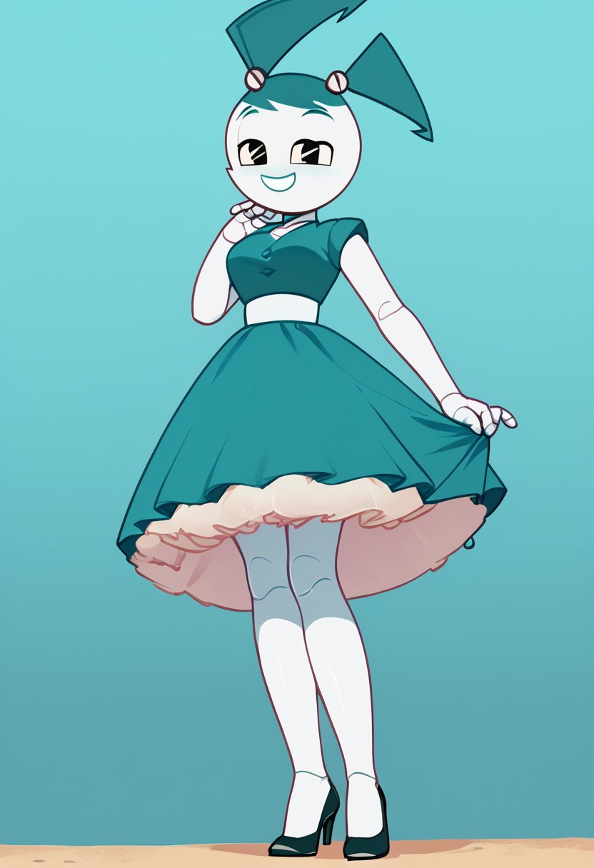 (Masterpiece, best quality:1.2), score_9, score_8_up, flat color, flat shading, soft shading, lighting, Jenny Wakeman as an adult, in a 1950's full length formal blue skirt, a white belt, button down v-neck formal black top, a fluffy frilly ruffled full white petticoat, and black high heels, dress, layered petticoat, frilly petticoat, fluffy petticoat, full petticoat, detailed petticoat ((wide skirt, detailed outfit, flowing skirt, long skirt, solid blue colored skirt, black high heels)), blue hair, series accurate, cute, best high quality, high res, robot, humanoid robot, medium breasts, whole body shot, 1girl, ((solo, outdoors, looking at you, low angle)), cute, seductive, seductive smile, half lidded eyes, low angle shot, cartoon, cartoon style, vector, solo, circle dress, 1950s, whisperfoot_style, dance dress jenny, jenny wakeman, 1girl, solo, robot joints, black eyes, white skin, ponytail, hair bow, blue rose chest corsage, poofy dress, blue hair, flat lighting