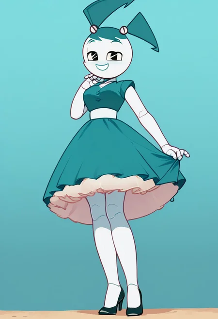 (Masterpiece, best quality:1.2), score_9, score_8_up, flat color, flat shading, soft shading, lighting, Jenny Wakeman as an adult, in a 1950's full length formal blue skirt, a white belt, button down v-neck formal black top, a fluffy frilly ruffled full white petticoat, and black high heels, dress, layered petticoat, frilly petticoat, fluffy petticoat, full petticoat, detailed petticoat ((wide skirt, detailed outfit, flowing skirt, long skirt, solid blue colored skirt, black high heels)), blue hair, series accurate, cute, best high quality, high res, robot, humanoid robot, medium breasts, whole body shot, 1girl, ((solo, outdoors, looking at you, low angle)), cute, seductive, seductive smile, half lidded eyes, low angle shot, cartoon, cartoon style, vector, solo, circle dress, 1950s, whisperfoot_style, dance dress jenny, jenny wakeman, 1girl, solo, robot joints, black eyes, white skin, ponytail, hair bow, blue rose chest corsage, poofy dress, blue hair, flat lighting