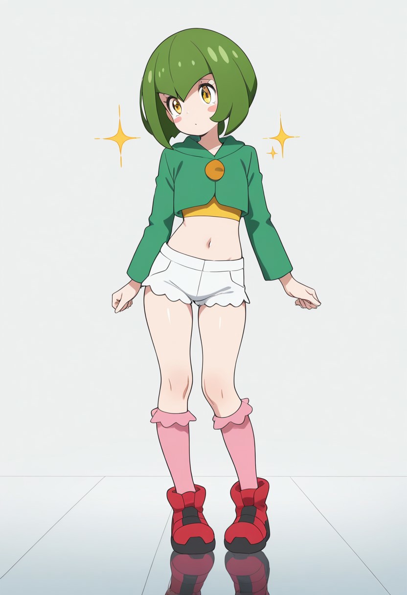 masterpiece, best quality, amazing quality, very aesthetic, high resolution, ultra-detailed, absurdres, 1girl, green hair, bob cut, yellow eyes, blush stickers, short shorts, white shorts, yellow crop top, midriff, navel, green jacket, cropped jacket, knee socks, frilly socks, pink socks, red footwear, simple background, reflective floor, light particle, sparkle, shiny,