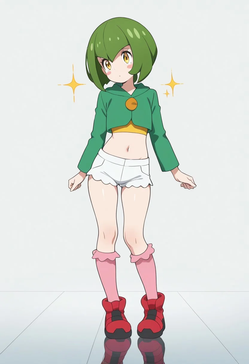masterpiece, best quality, amazing quality, very aesthetic, high resolution, ultra-detailed, absurdres, 1girl, green hair, bob cut, yellow eyes, blush stickers, short shorts, white shorts, yellow crop top, midriff, navel, green jacket, cropped jacket, knee socks, frilly socks, pink socks, red footwear, simple background, reflective floor, light particle, sparkle, shiny,