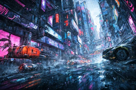 (RAW photo, 8k uhd, Analog style, Masterpiece, Best Quality, Highres:1.3), (dramatic, cinematic:1.2), BREAK,
movie shot of (ultra-detailed:1.1), (striped:1.3) (military:1.4) (cyberpunk:1.3) (battlecar:1.35) (armed with turret machine gun and grenade launchers:1.33) (rushing:1.3) through (cyberpunk city street:1.35), ((glossy:1.1) technological futuristic design:1.2), (drifting:1.3), (neon lights:1.1), (wet asphalt, reflections:1.2), (firing tires:1.35), (water splash, puddles:1.32), (debris:1.32), (steam:1.3), (frightened:1.1) (pedestrians:1.4), (bright day:1.15), (daytime:1.15) (cloudy sky, (rain:1.1):1.2), (skyscrapers:1.15), BREAK,
(photorealistic:1.2), (dutch angle:1.4), (light particles, colorful:1.2), (action movie scene, dynamic composition, fast, chasing:1.3), (motion blur, motion lines:1.3), (cyberpunk, science fiction, blockbuster, military vehicle, volumetric light:1.3), (daylight:1.2) (noir:0.5) (urban atmosphere, vehicle focus, cinematic tone, toxic, glowing, intricate, electricity, purple orange green color scheme, graffiti, (dust:1.1), no humans:1.2), BREAK,
<lora:more_details:1.0>,
<lora:zoom_slider_v1:2.0>