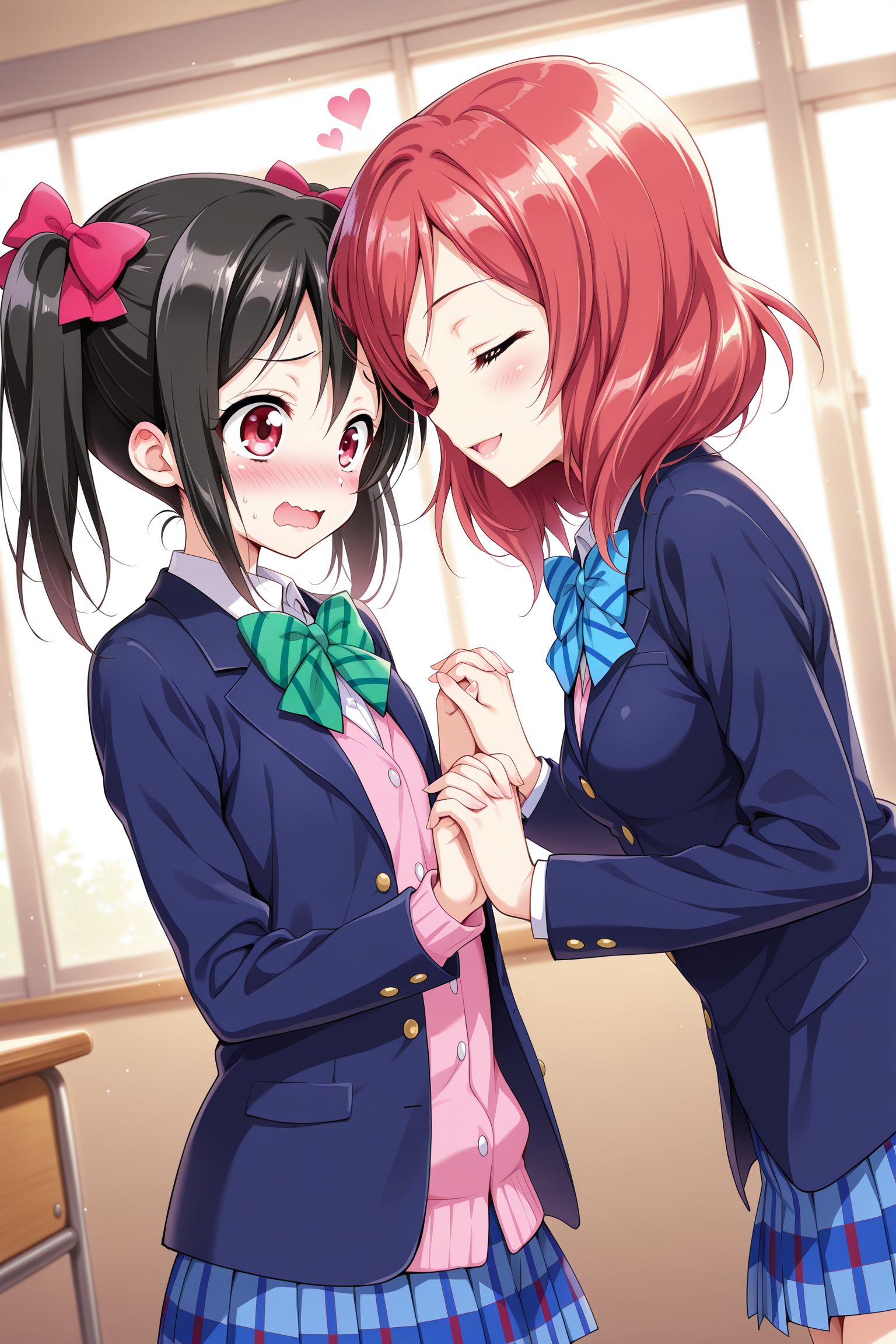 <lora:youta_style_v1b_IL:0.8> , youta_style, 2girls, holding hands, interlocked fingers, yuri, blush, smile, short hair, open mouth, black hair, red eyes, bow,  twintails, school uniform, jacket, closed eyes, hair bow, heart, red hair, wavy mouth, blazer, otonokizaka school uniform, nishikino maki, yazawa nico, indoors,