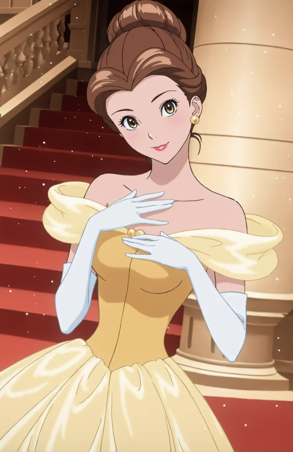 BakumanStyle, 1girl, medium breasts, bow, brown hair, brown eyes, yellow dress, off-shoulder dress, bare shoukders, white gloves, long dress, elbow gloves, jewelry, ponytail, single hair bun, lipstick, floating hair, makeup, light smile, dutch angle, cute pose, happy, looking at viewer, princess castle, indoors, elegant room, portrait, dynamic pose, cowboy shot, hand on chest, head tilt, light particles, from side