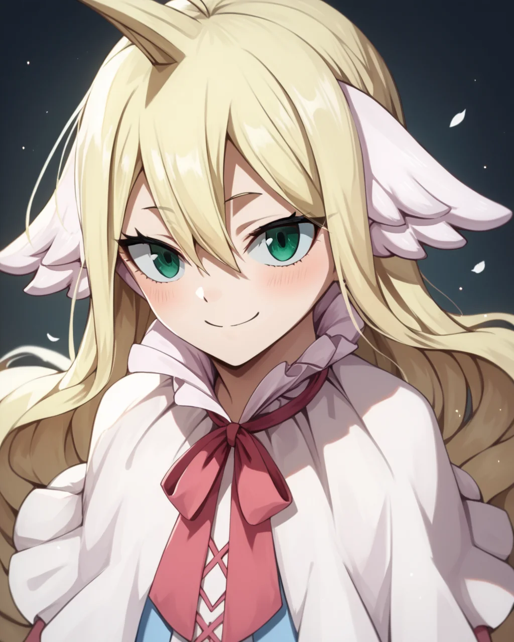score_9, score_8_up, score_7_up, score_6_up, score_5_up, score_4_up, BREAK source_anime,
<lora:Mavis_Vermillion_PONY:1>,Mavis Vermillion, 1girl,solo,green eyes,blonde hair, very long hair, ahoge,hair between eyes, head wings,white capelet,dress,ribbon,smile