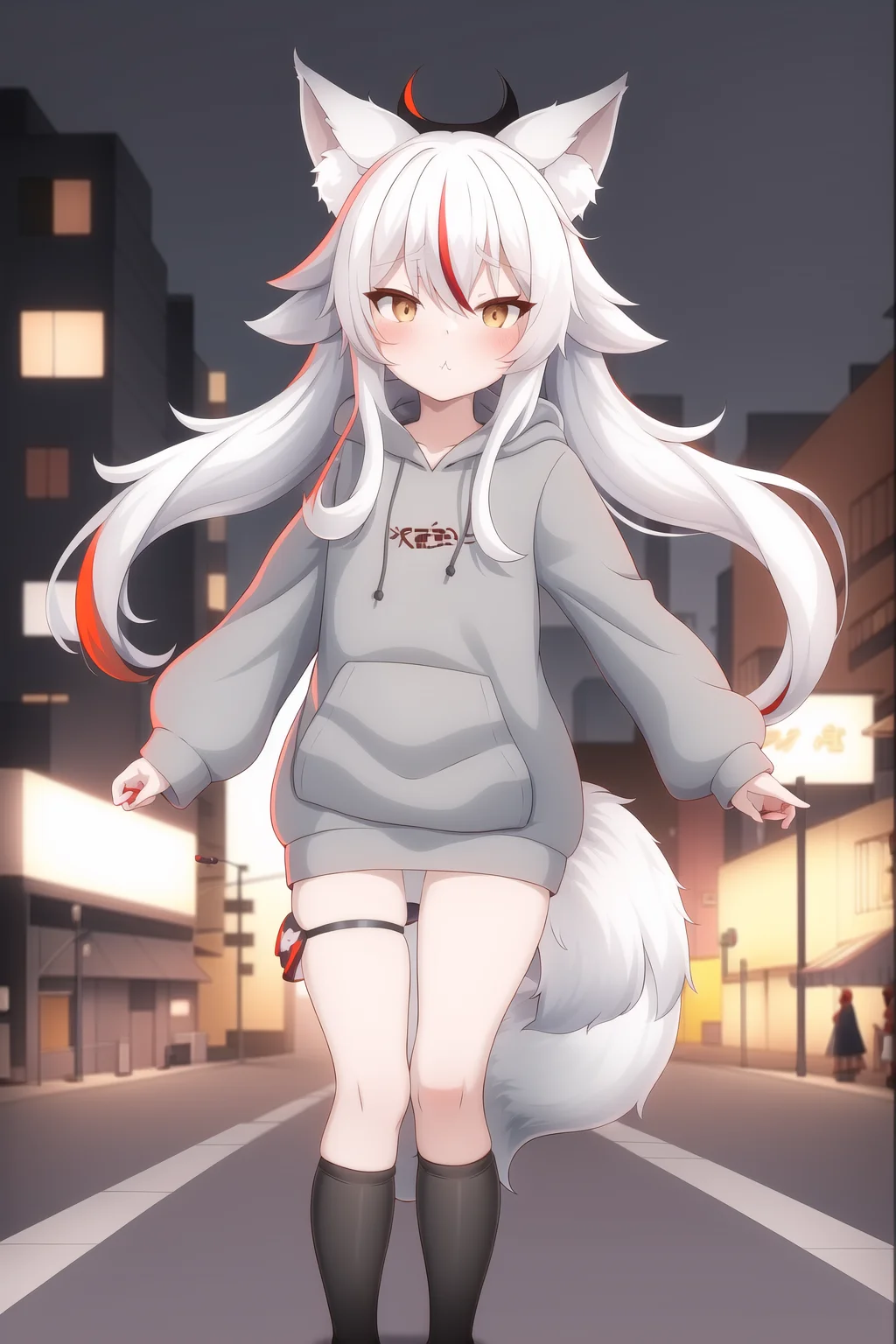 1girl, white hair, fox ears, fox tail, little girl, grey hoodie, black stockings, ((red fringe)), kamiko, kamiko_kana, ((street)), city background, desk