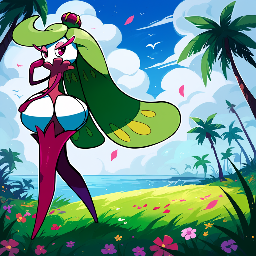 score_9_up, score_8_up, score_7_up, best quality, masterpiece, source_anime, soft shading, blue background, palm trees, grass, flowers, clouds, BREAK 1girl, solo, tsareena, pokemon, flora fauna, green hair, long hair, wide hips, white head, eyelashes, pink eyeshadow, purple eyes, purple boots, standing, walking, one hand on face, side view, <lora:PDXL_Tsareena_PKMN:1>