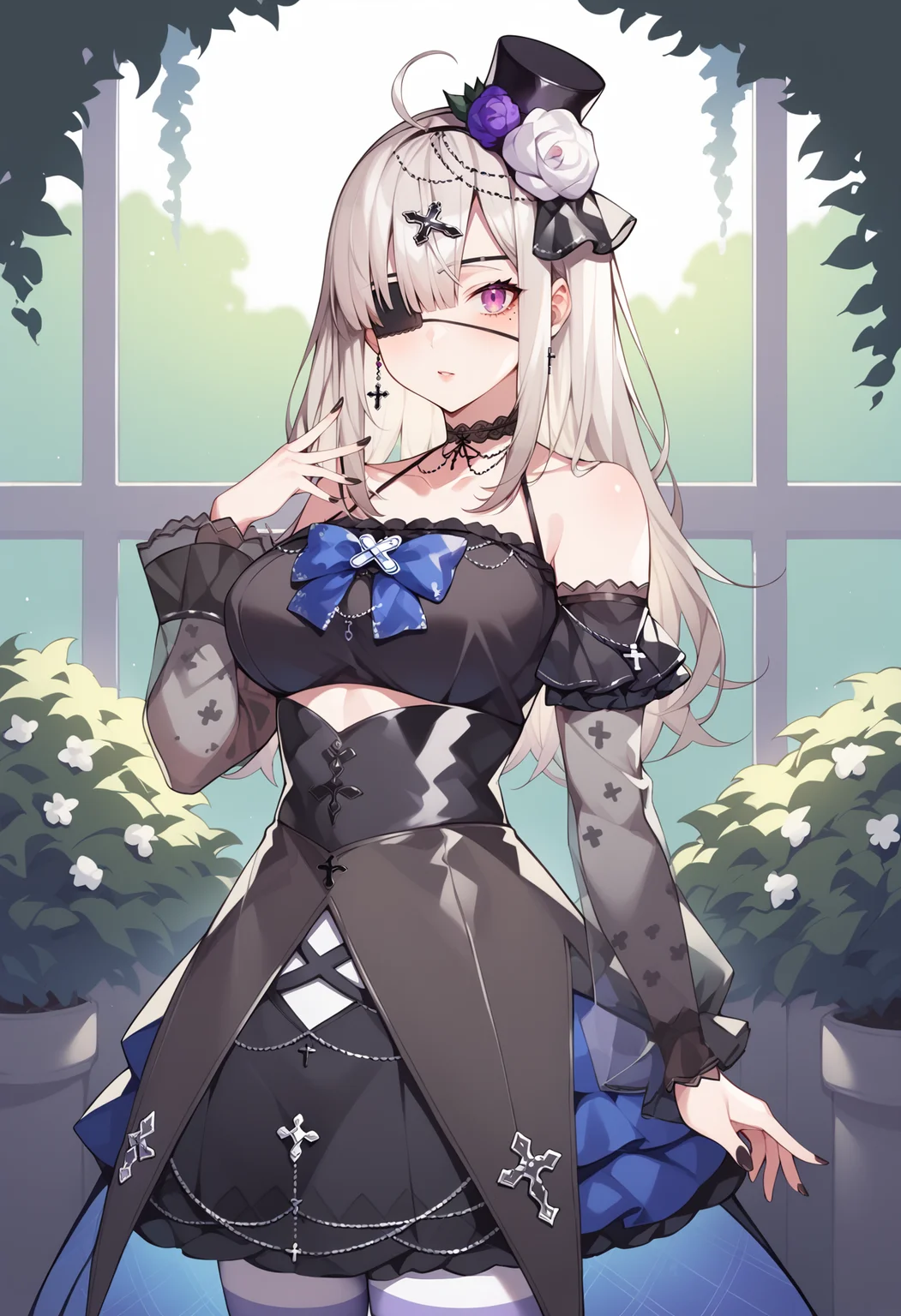 score_9, score_8_up, score_7_up, source_anime, bbkana, long hair, ahoge, mini hat, black headwear, hat flower, cross hair ornament, eyepatch, mole under eye, large breasts, choker, bare shoulders, goth fashion, blue bow, black dress, see-through, detached sleeves, striped pantyhose, <lora:sukoya_kana_xl_pony_v1:0.8>, standing, cowboy shot, garden