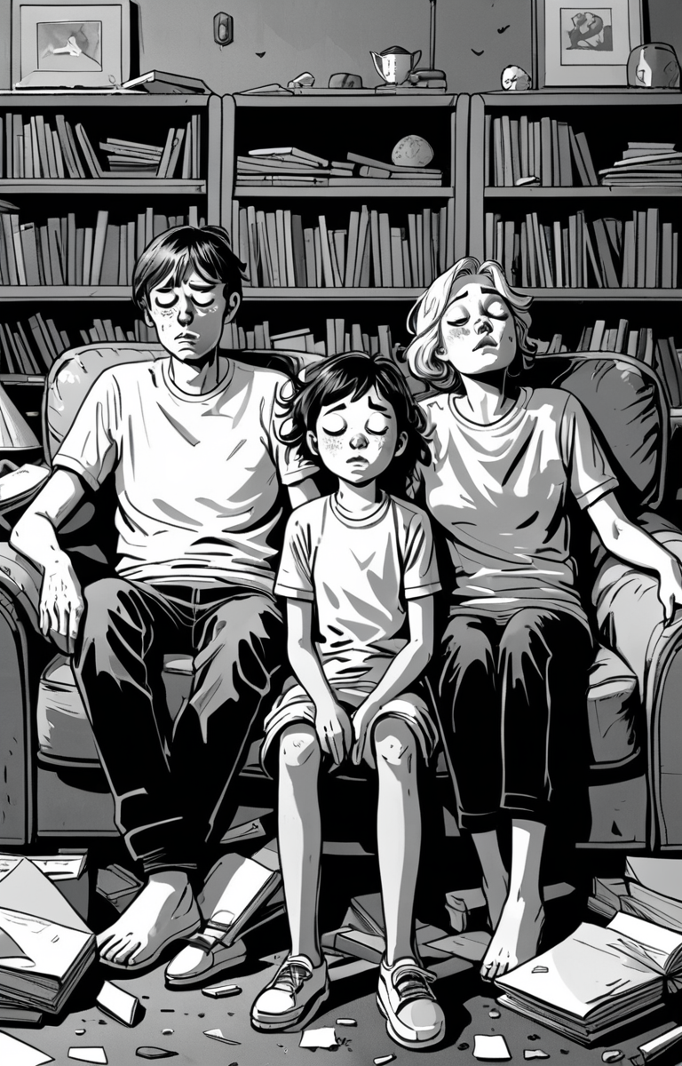 masterpiece,best quality,<lora:tbh373-sdxl:0.6>,illustration,style of exhausted people ,greyscale and white,comic portrait of family