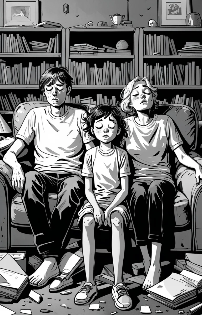 masterpiece,best quality,<lora:tbh373-sdxl:0.6>,illustration,style of exhausted people ,greyscale and white,comic portrait of family