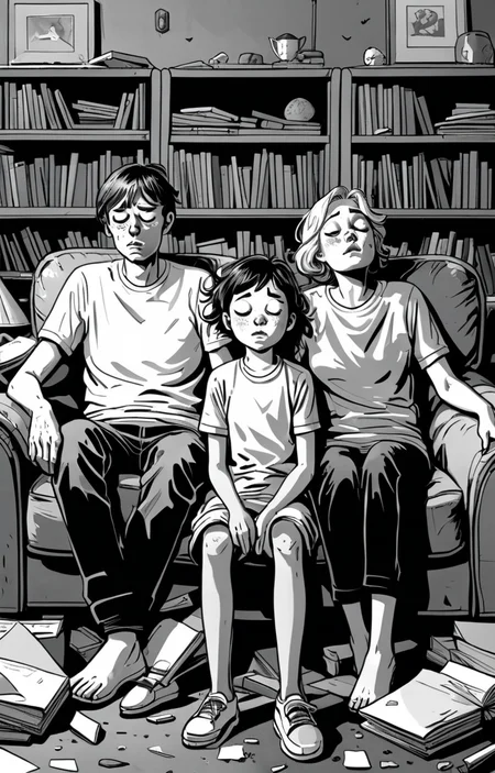 masterpiece,best quality,<lora:tbh373-sdxl:0.6>,illustration,style of exhausted people ,greyscale and white,comic portrait of family