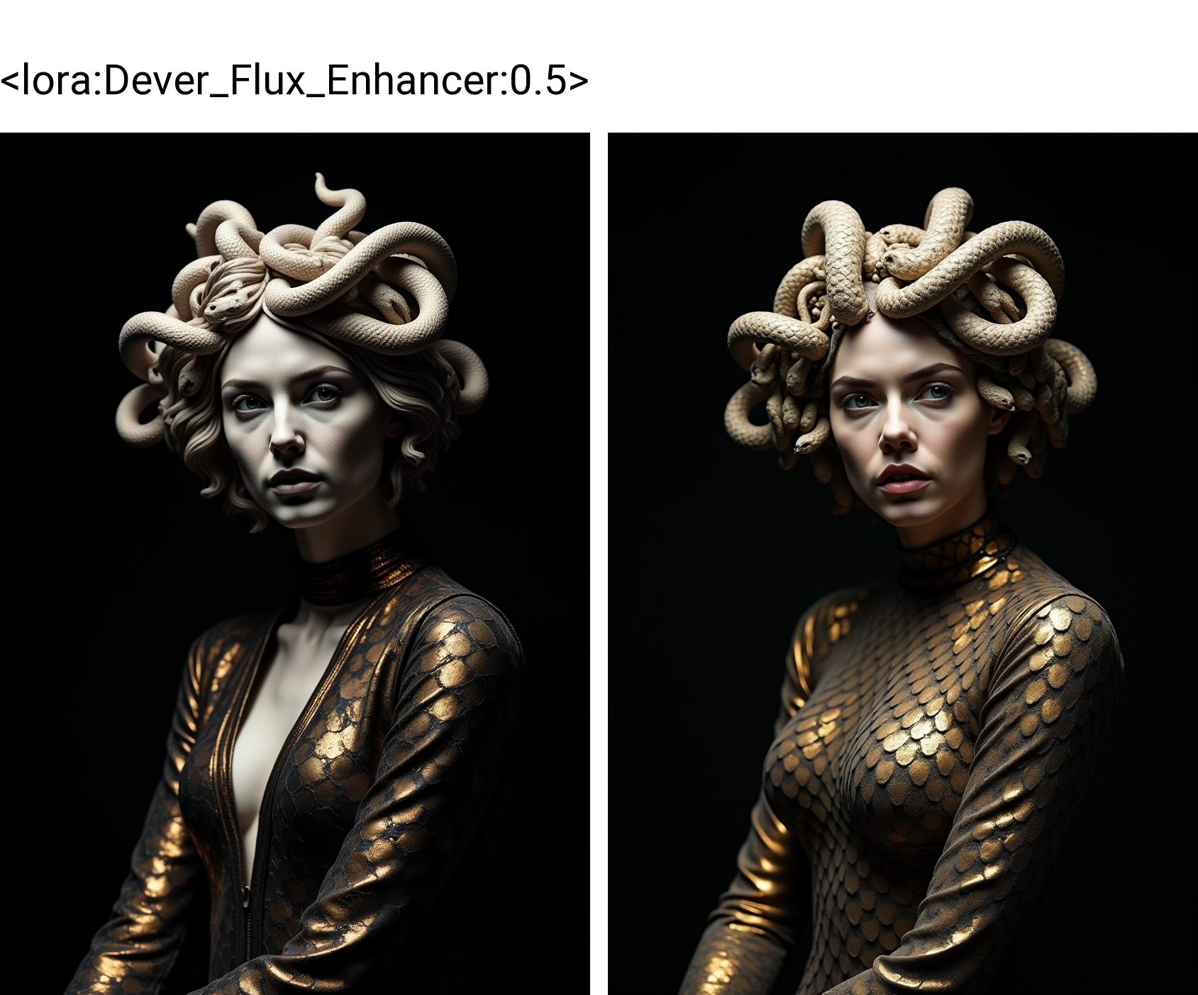 cinematic photo a marble statue of Medusa, mid shot, perspective from below, woman portrait fused with structure, short messy hair with coiling marble snakes, black and gold scaly outfit  inspired by karol bak, intricate details, long sleeves dress, provocative, seductive, parted lips, evil smile ,trending on artstation, black background, simple background
<lora:Dever_Flux_Enhancer:0.5>